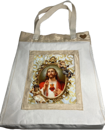 Catholic Bag Sagrado Coração de Jesus (bege) Bolsa reforçada, fecho botão de metal 40x34