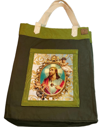 Catholic Bag Sagrado Coração de Jesus (verde) Bolsa reforçada, fecho botão de metal 40x34